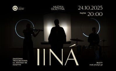 Plakat zapraszający w piątek 24 października 2025 r. do Olsztyna na koncert zespołu IINÁ Olsztyn 2025.