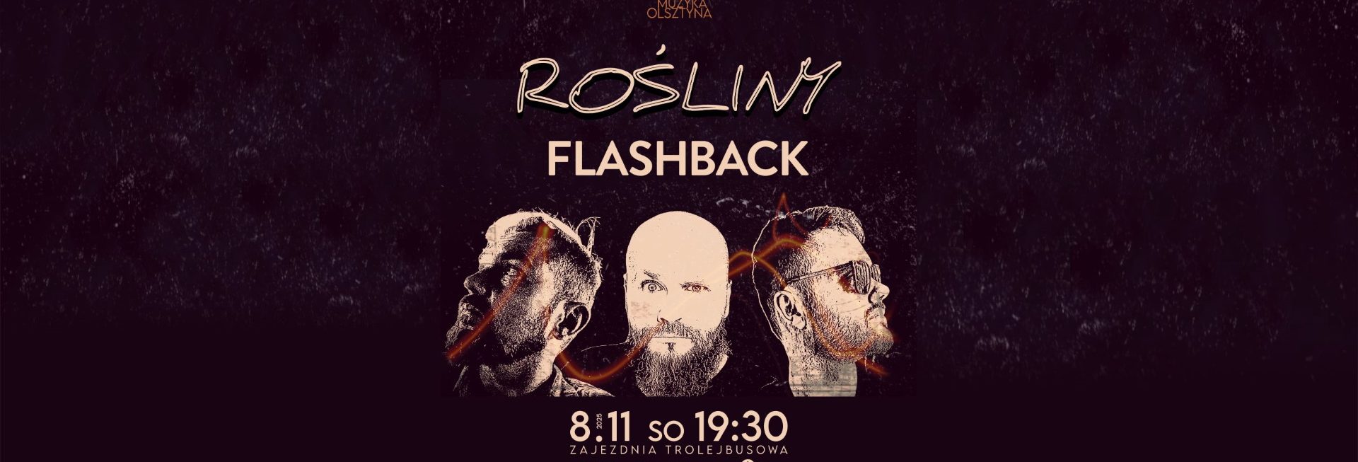 Plakat zapraszający w sobotę 8 listopada 2025 r. do Olsztyna na koncert zespołu Rośliny Olsztyn 2025. 