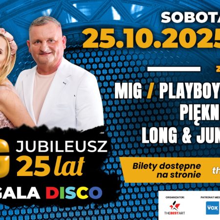Plakat zapraszający w sobotę 25 października 2025 r. do Olsztyna na Olsztyńską Galę Disco 2025 - 25-Lat Zespołu MIG Hala Urania 2025.