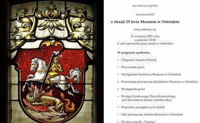 Plakat zapraszający w piątek 12 września 2025 r. do Ostródy na 25-Lecie Muzeum w Ostródzie 2025.