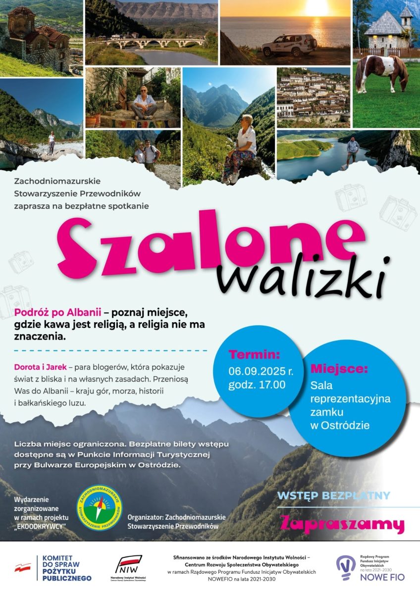 Plakat zapraszający w sobotę 6 września 2025 r. do Ostródy na Spotkanie Szalone Walizki Ostróda 2025. 