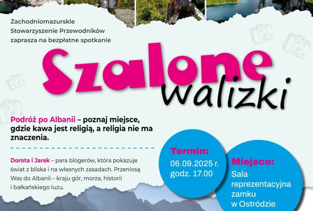 Plakat zapraszający w sobotę 6 września 2025 r. do Ostródy na Spotkanie Szalone Walizki Ostróda 2025. 