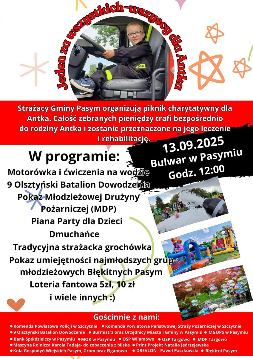 Plakat zapraszający w sobotę 13 września 2025 r. do Pasymia na Piknik Charytatywny Pasym 2025. 
