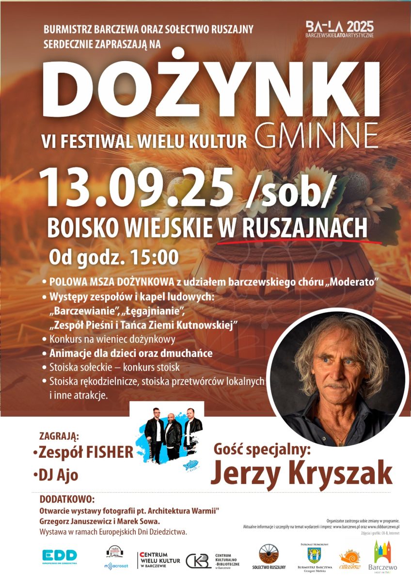 Plakat zapraszający w sobotę 13 września 2025 r. do miejscowości Ruszajny w gminie Barczewo na Festiwal Wielu Kultur - Dożynki Gminne Ruszajny 2025.
