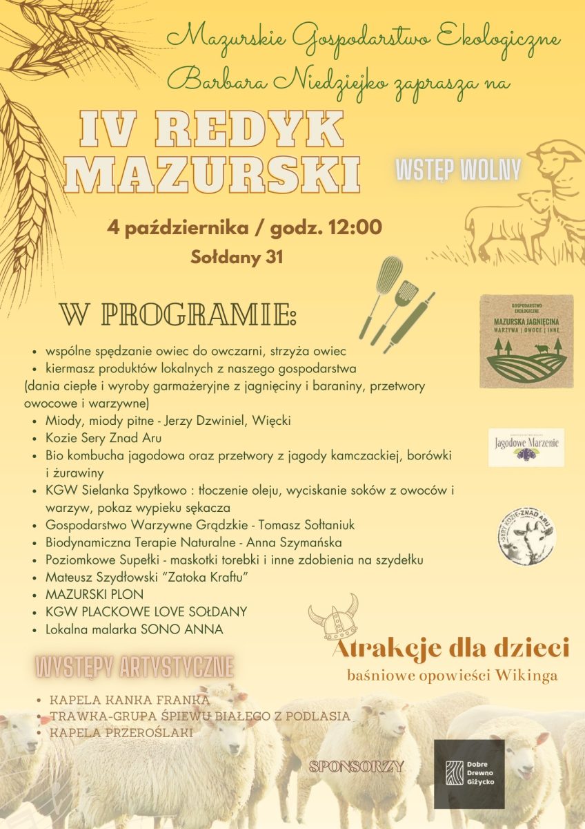 Plakat zapraszający w sobotę 4 października 2025 r. do miejscowości Sołdany w gminie Giżycko na Redyk Mazurski 2025 Mazurskie Gospodarstwo Ekologiczne Sołdany.