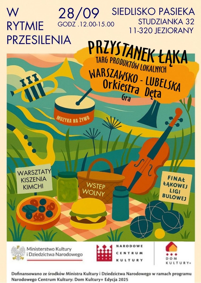 Plakat zapraszający w niedzielę 28 września 2025 r. do miejscowości Studzianka w gminie Jeziorany na festyn w Rytmie Przesilenia – Święto Plonów w Siedlisku Pasieka! Studzianka 2025.