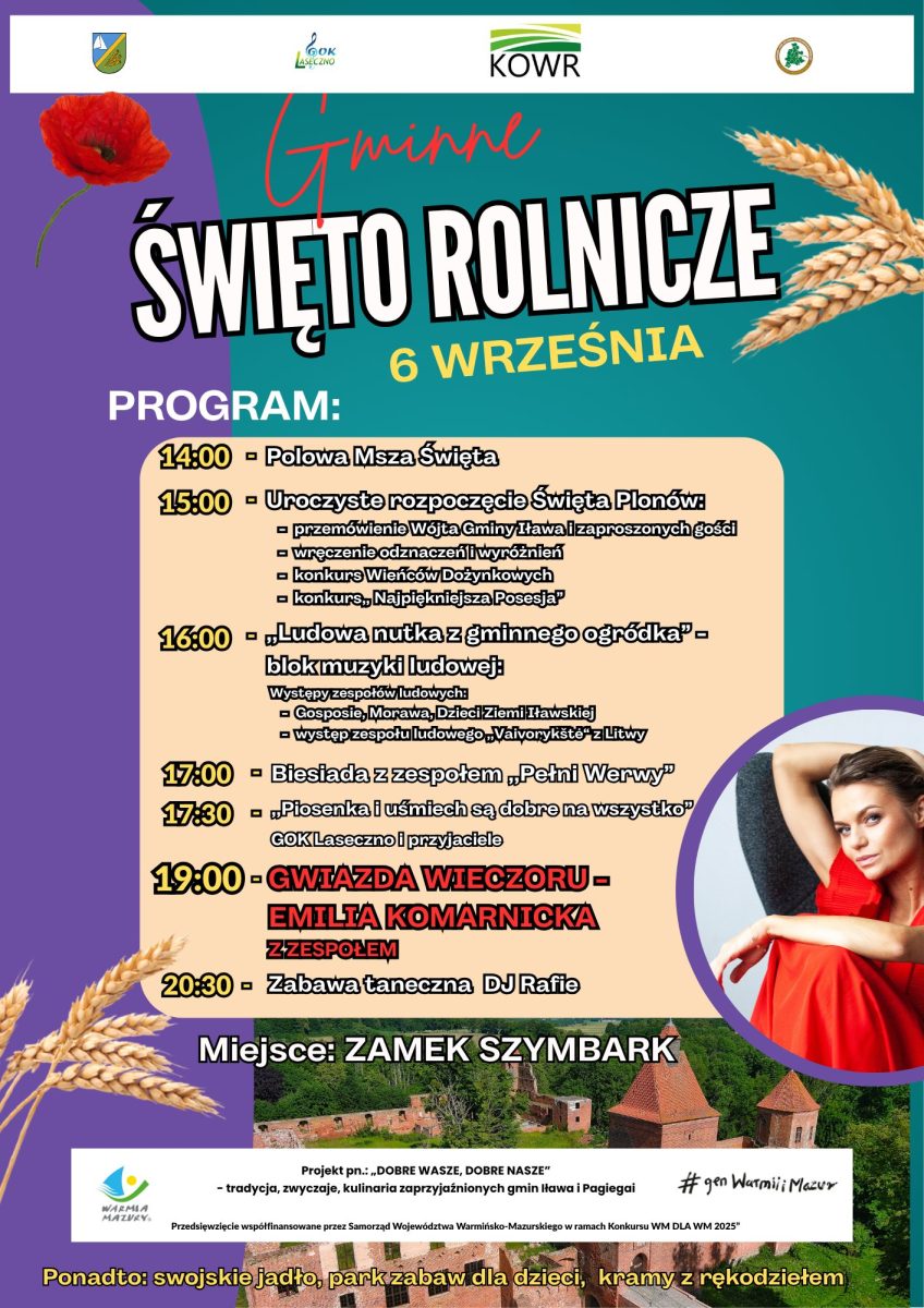 Plakat zapraszający w sobotę 6 września 2025 r. do miejscowości Szymbark w gminie Iława na Gminne Święto Rolnicze - Zamek Szymbark 2025.