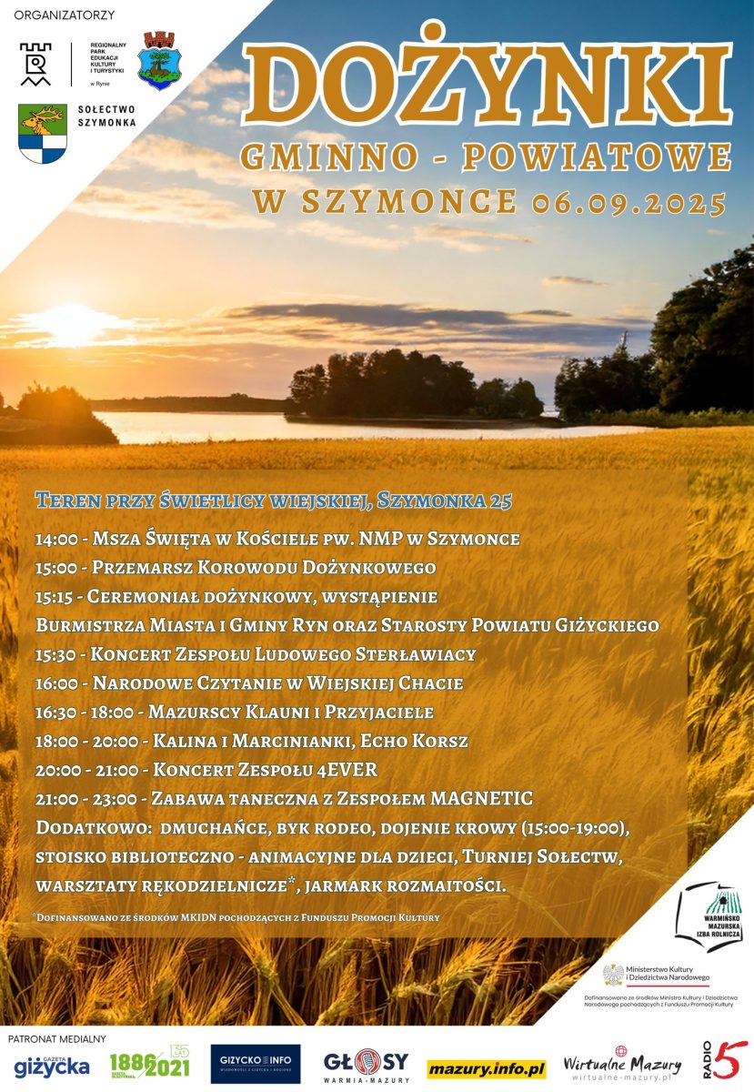 Plakat zapraszający w sobotę 6 września 2025 r. do miejscowości Szymonka w gminie Ryn na Dożynki Gminno-Powiatowe Szymonka 2025.