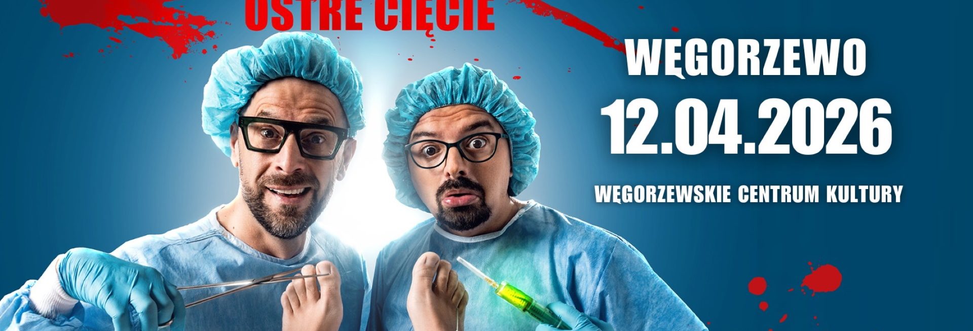 Plakat zapraszający w niedzielę 12 kwietnia 2026 r. do Węgorzewa na występ Kabaretu Paranienormalni Węgorzewo 2026. 