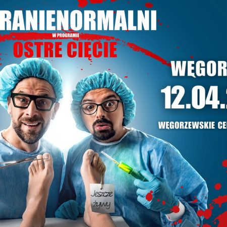 Plakat zapraszający w niedzielę 12 kwietnia 2026 r. do Węgorzewa na występ Kabaretu Paranienormalni Węgorzewo 2026. 
