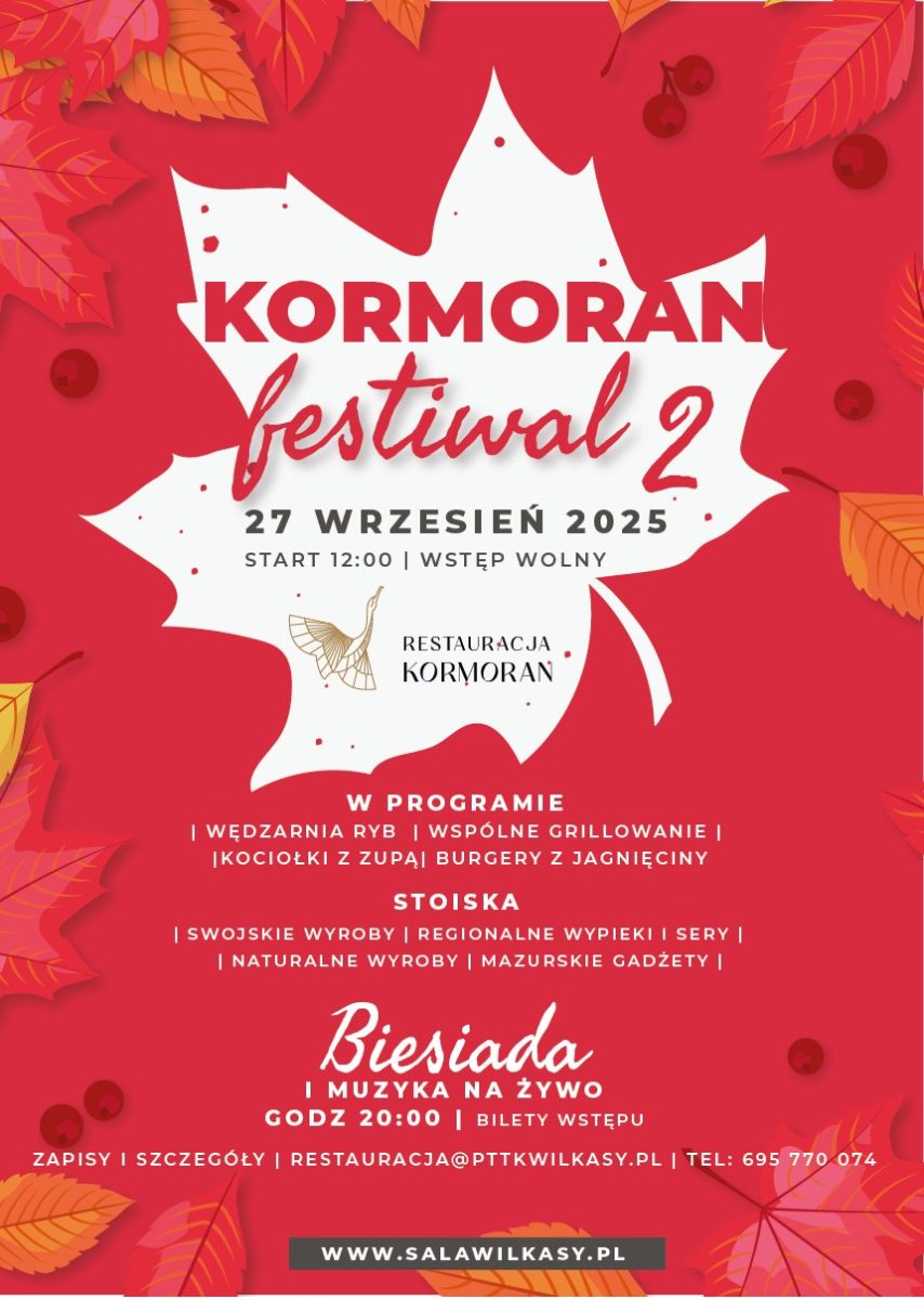 Plakat zapraszający w sobotę 27 września 2025 r. do Wilkas na Kormoran Festiwal Wilkasy 2025. 