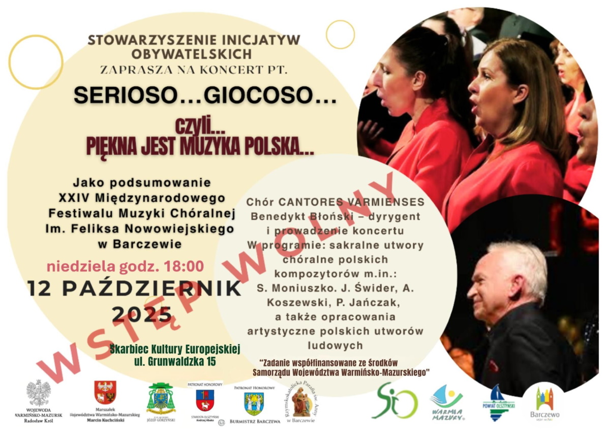 Plakat zapraszający w niedzielę 12 października 2025 r. do Barczewa na koncert SERIOSO...GIOCOSO... - Piękna jest muzyka Polska Barczewo 2025.