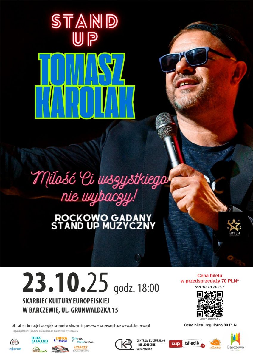Plakat zapraszający w czwartek 23 października 2025 r. do Barczewa na Stand-Up Tomasz Karolak Barczewo 2025. 