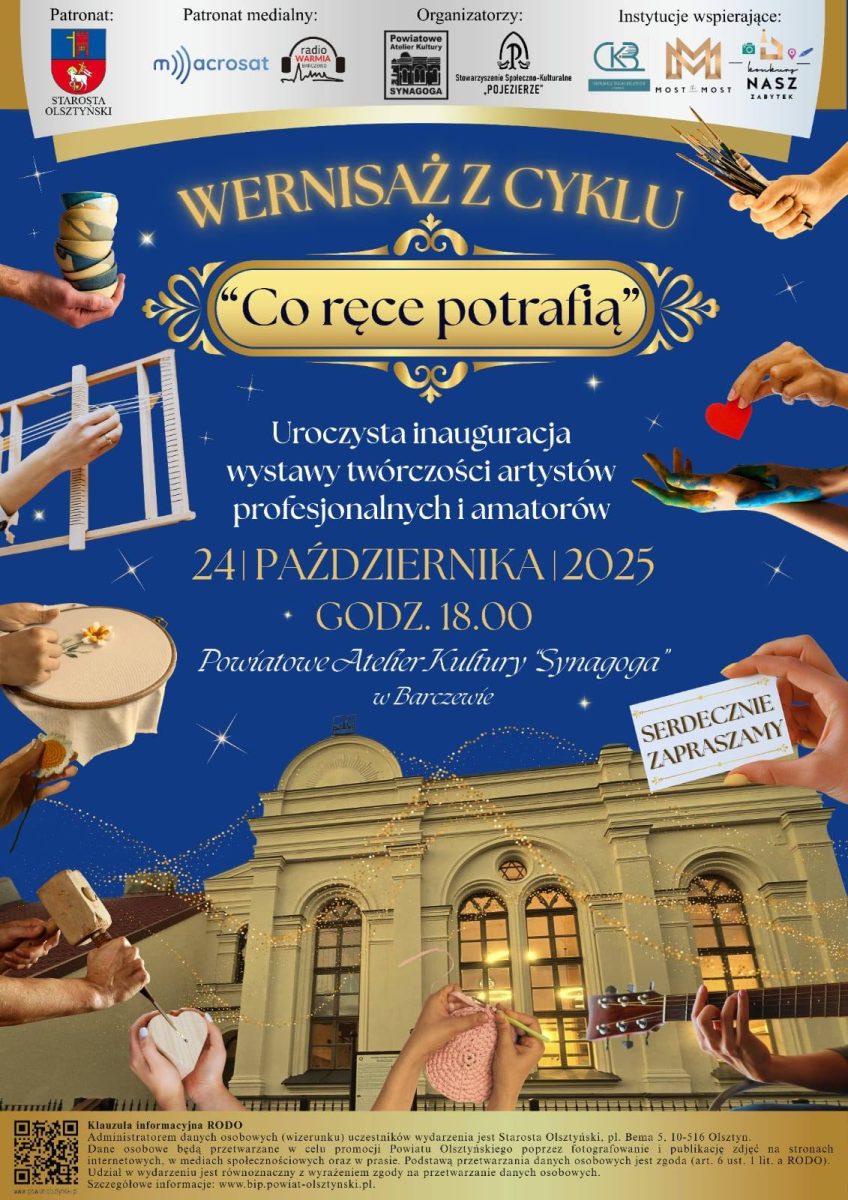 Plakat zapraszający w piątek 24 października 2025 r. do Barczewa na Wernisaż z cyklu "Co ręce potrafią" Barczewo 2025.