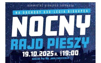 Plakat zapraszający w niedzielę 19 października 2025 r. do Biskupca na Nocny Rajd Pieszy - Odkryj Magię Biskupca po Zmroku Biskupiec 2025.