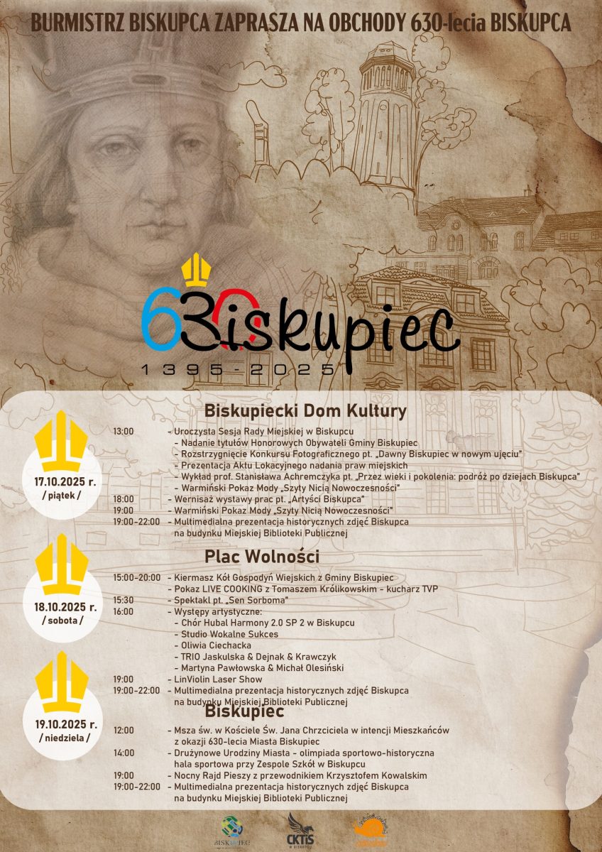 Plakat zapraszający w dniach 17-19 października 2025 r. do Biskupca na Obchody 630-Lecia Biskupca 2025.