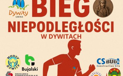 Plakat zapraszający we wtorek 11 listopada 2025 r. do Dywit na Gminny Bieg i Marsz Niepodległości wokół Jeziora Dywickiego 2025. 