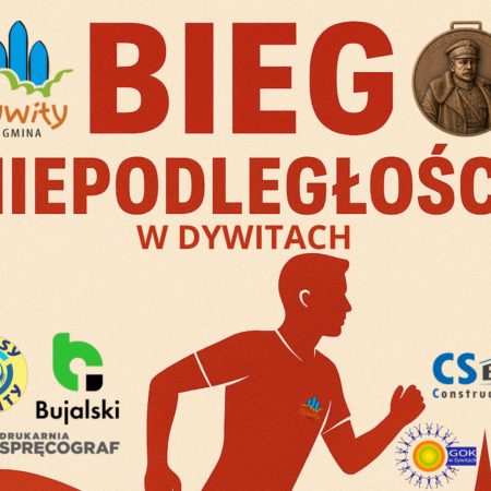 Plakat zapraszający we wtorek 11 listopada 2025 r. do Dywit na Gminny Bieg i Marsz Niepodległości wokół Jeziora Dywickiego 2025.