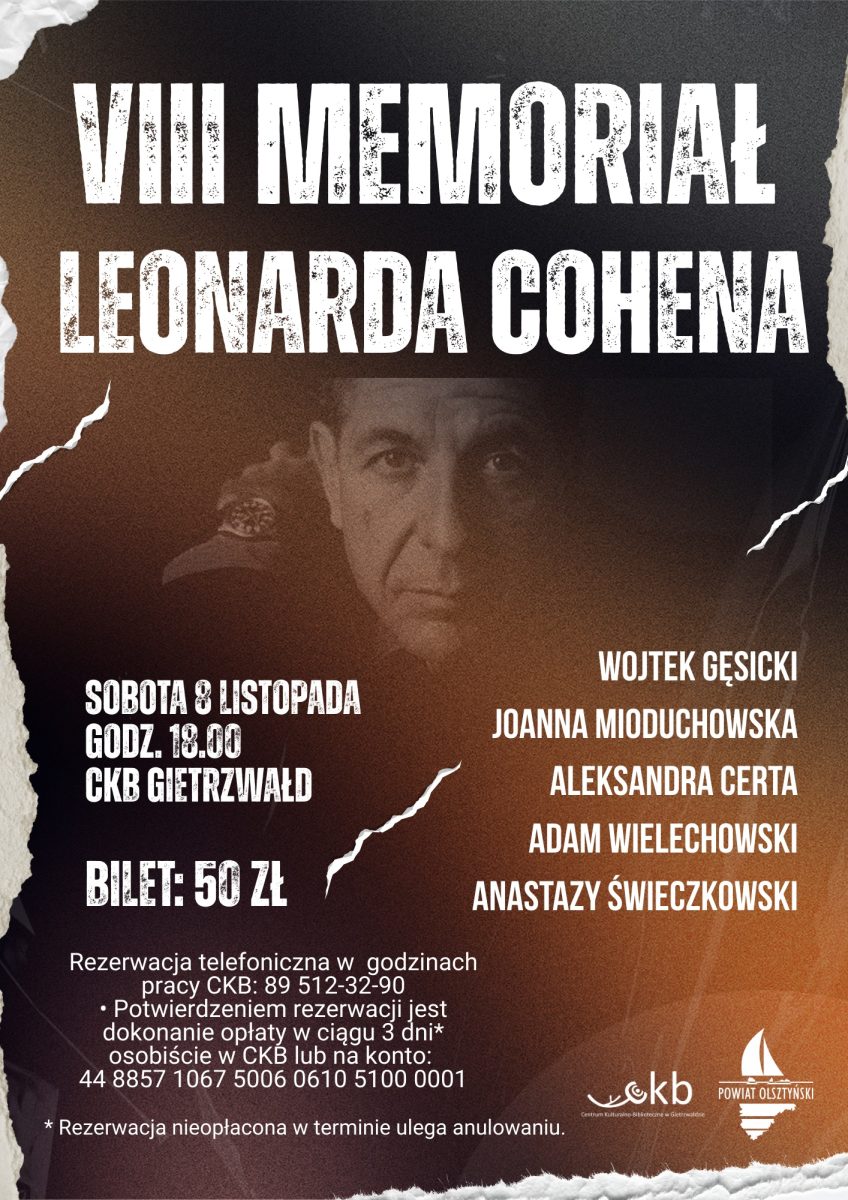 Plakat zapraszający w sobotę 8 listopada 2025 r. do Gietrzwałdu na koncert w ramach 8. Memoriału Leonarda Cohena Gietrzwałd 2025.