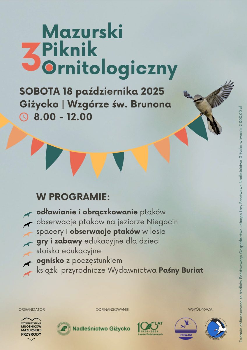 Plakat zapraszający w sobotę 18 października 2025 r. do Giżycka na Mazurski Piknik Ornitologiczny Giżycko 2025. 