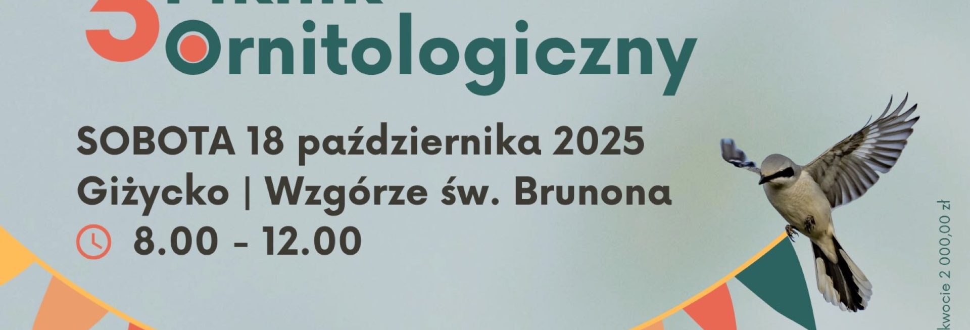Plakat zapraszający w sobotę 18 października 2025 r. do Giżycka na Mazurski Piknik Ornitologiczny Giżycko 2025. 