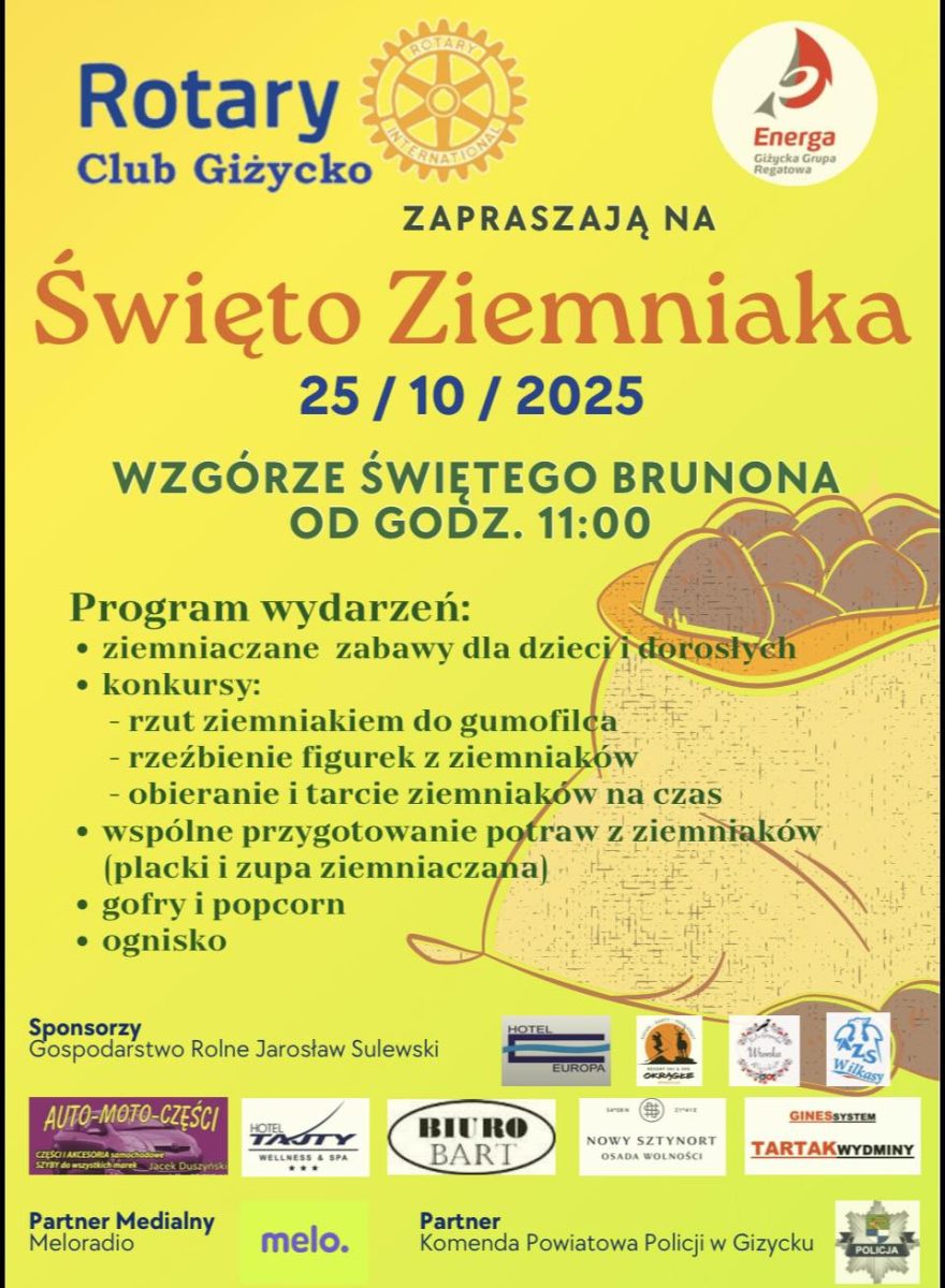 Plakat zapraszający w sobotę 25 października 2025 r. do Giżycka na Święto Ziemniaka Giżycko 2025. 