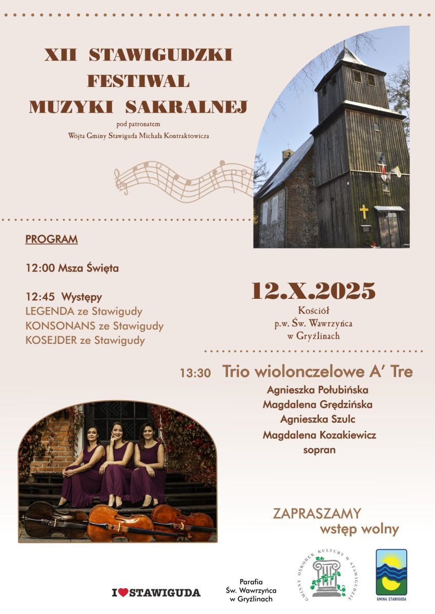 Plakat zapraszający w niedzielę 12 października 2025 r. do miejscowości Gryźliny w gminie Stawiguda na Stawigudzki Festiwal Muzyki Sakralnej Gryźliny 2025.