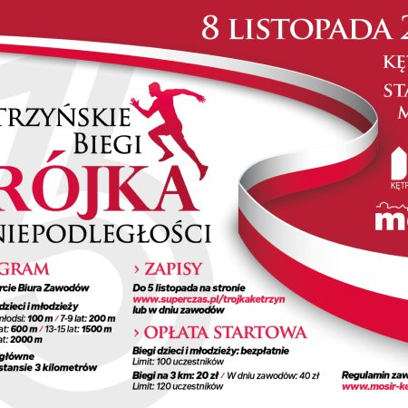 Plakat zapraszający w sobotę 8 listopada 2025 r. do Kętrzyna na Kętrzyńskie Biegi - Trójka Niepodległości Kętrzyn 2025.