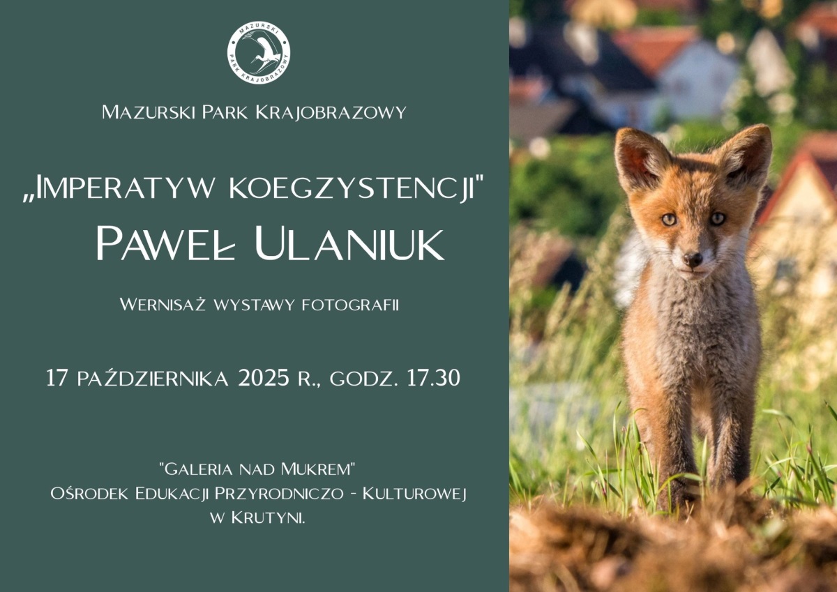 Plakat zapraszający w dniach od 17 października do 31 grudnia 2025 r. do Krutyni na Wystawę Fotografii Pawła Ulaniuka pt. ”Imperatyw koegzystencji” Krutynia 2025.