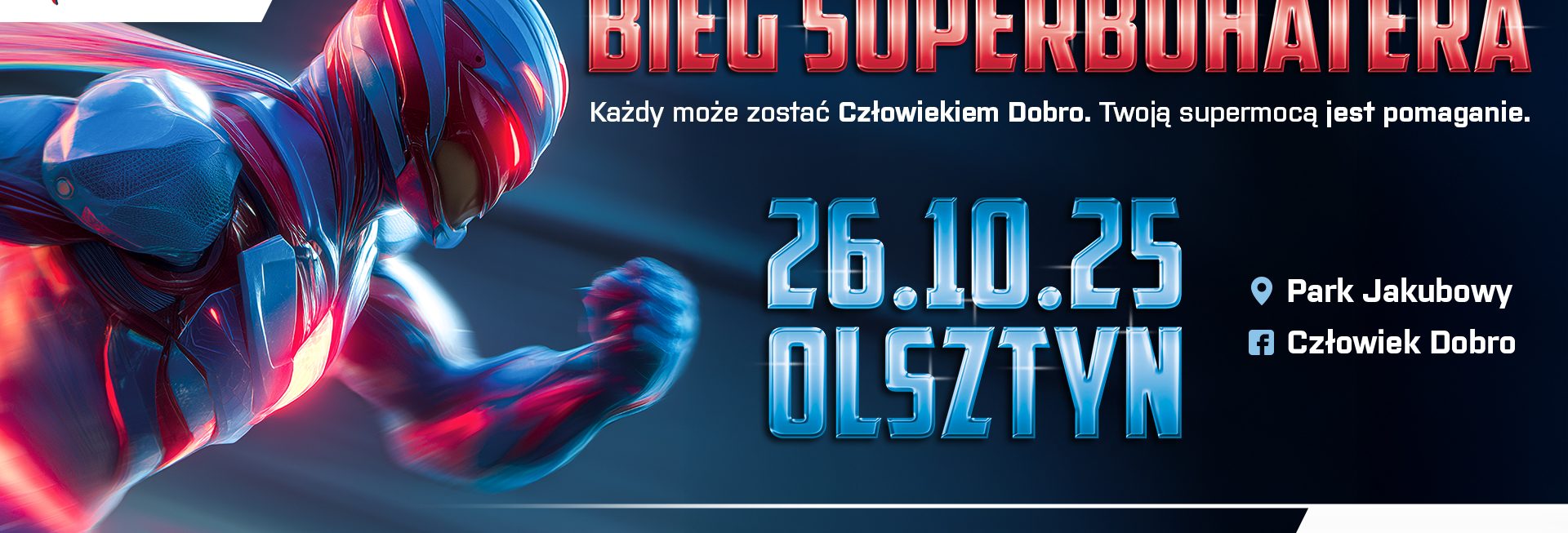 Plakat zapraszający w niedzielę 26 października 2025 r. do Olsztyna na Bieg Superbohatera Olsztyn 2025. 