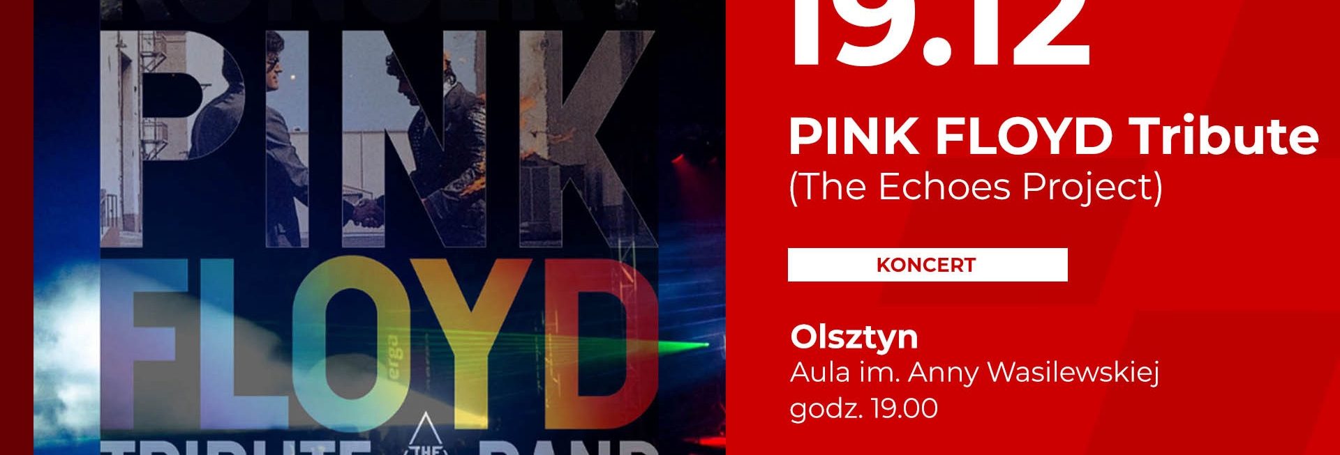 Plakat zapraszający w piątek 19 grudnia 2025 r. do Olsztyna na koncert Pink Floyd Tribute Band Olsztyn 2025. 