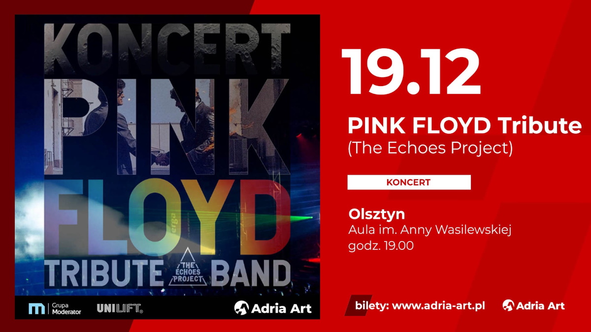 Plakat zapraszający w piątek 19 grudnia 2025 r. do Olsztyna na koncert Pink Floyd Tribute Band Olsztyn 2025. 