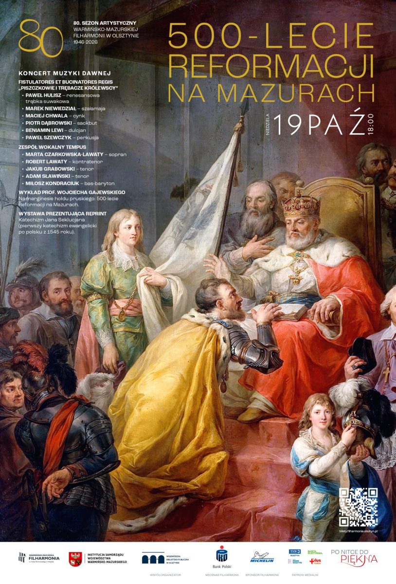 Plakat zapraszający w niedzielę 19 października 2025 r. do Olsztyna na Koncert 500-lecie Reformacji w Filharmonii Warmińsko-Mazurskiej Olsztyn 2025.