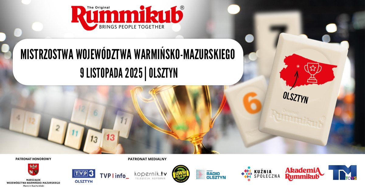 Plakat zapraszający w niedzielę 9 listopada 2025 r. do Olsztyna na 1 edycję Mistrzostw Województwa Warmińsko-Mazurskiego w Rummikub Olsztyn 2025. 