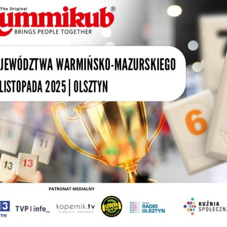 Plakat zapraszający w niedzielę 9 listopada 2025 r. do Olsztyna na 1 edycję Mistrzostw Województwa Warmińsko-Mazurskiego w Rummikub Olsztyn 2025.