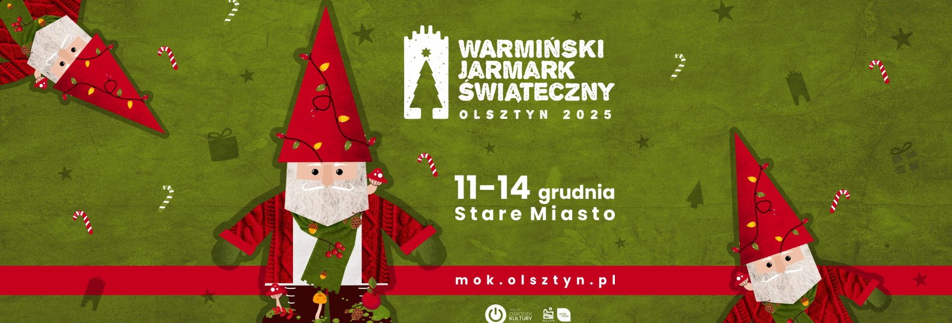 Plakat zapraszający w dniach 11-14 grudnia 2025 r. do Olsztyna na kolejną edycję Warmińskiego Jarmarku Świątecznego Olsztyn 2025.