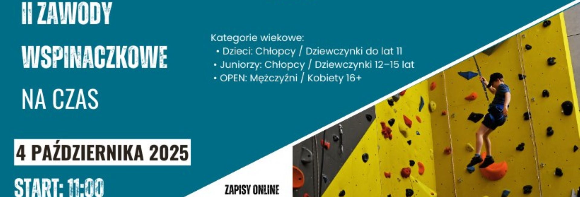 Plakat zapraszający w sobotę 4 października 2025 r. do Olsztyna na Zawody Wspinaczkowe Na Czas Hala Urania 2025. 
