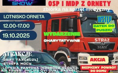 Plakat zapraszający w niedzielę 19 października 2025 r. do Ornety na Zakończenie Sezonu Motoryzacyjnego z Drift Show ORNETA 2025.