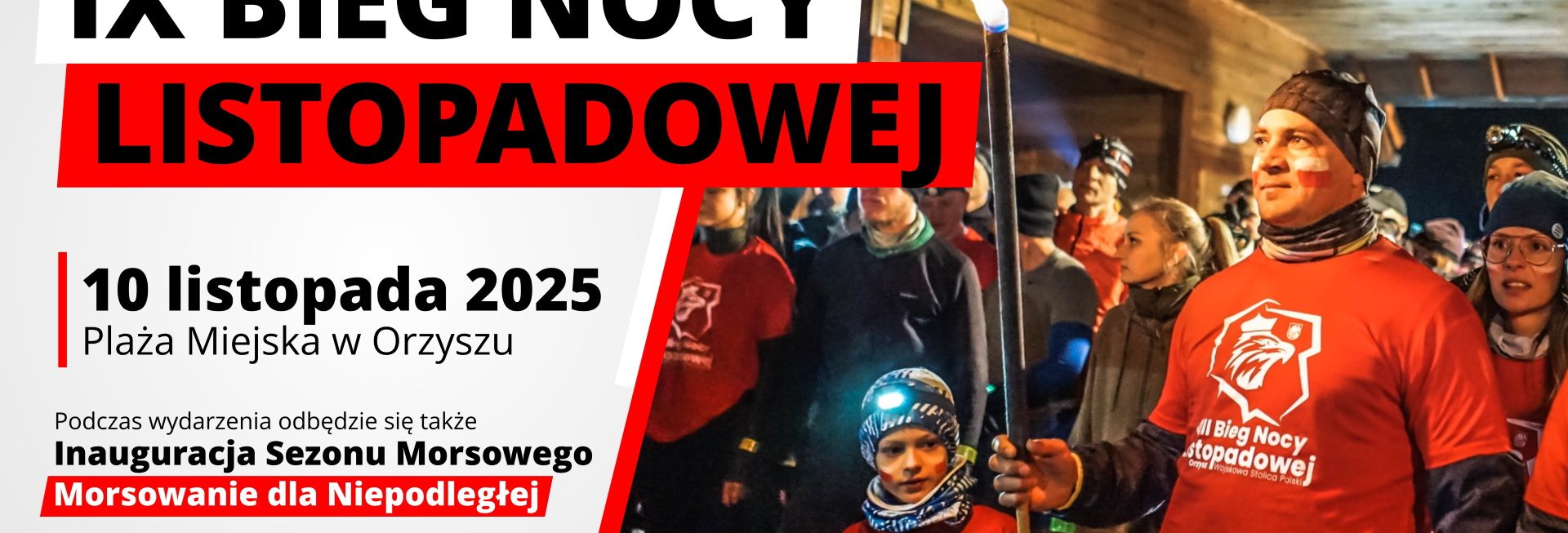 Plakat zapraszający w poniedziałek 10 listopada 2025 r. do Orzysza na 9. edycję Biegu Nocy Listopadowej Orzysz 2025. 