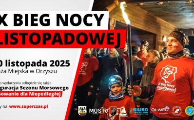 Plakat zapraszający w poniedziałek 10 listopada 2025 r. do Orzysza na 9. edycję Biegu Nocy Listopadowej Orzysz 2025. 