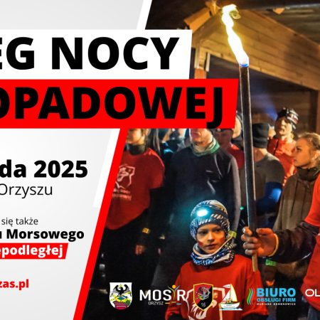 Plakat zapraszający w poniedziałek 10 listopada 2025 r. do Orzysza na 9. edycję Biegu Nocy Listopadowej Orzysz 2025.