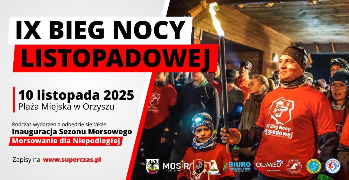 Plakat zapraszający w poniedziałek 10 listopada 2025 r. do Orzysza na 9. edycję Biegu Nocy Listopadowej Orzysz 2025. 