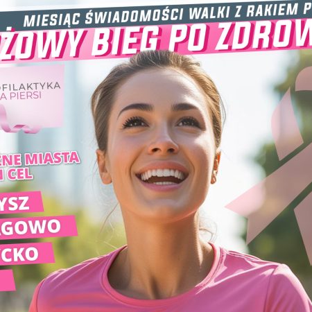Plakat zapraszający w niedzielę 26 października 2025 r. do Orzysza na 3. edycję Różowego Biegu po Zdrowie Orzysz 2025.