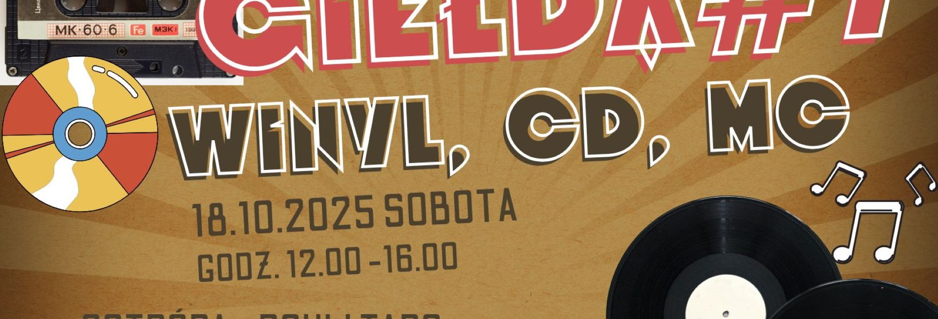 Plakat zapraszający w sobotę 18 października 2025 r. do Ostródy na Giełdę Płyt Winylowych/CD/Kaset Ostróda 2025. 
