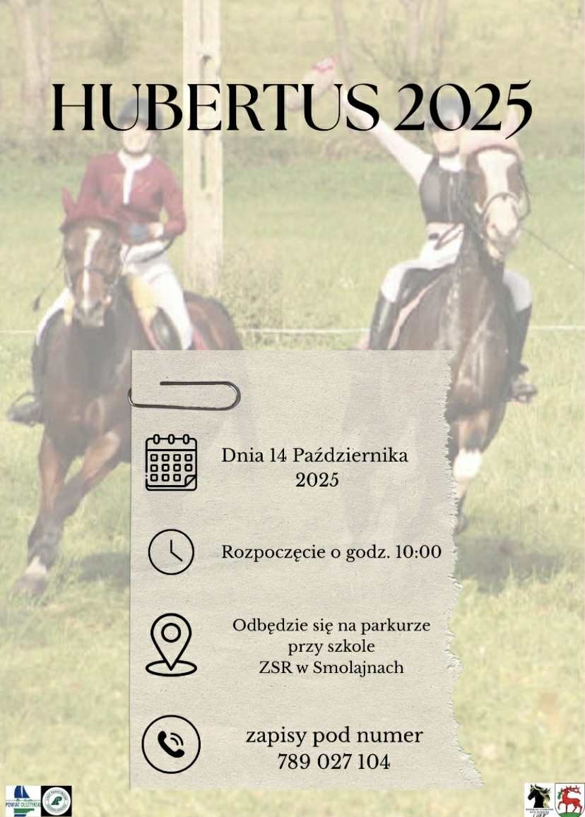 Plakat zapraszający we wtorek 14 października 2025 r. do miejscowości Smolajny w gminie Dobre Miasto na Hubertus Smolajny 2025.