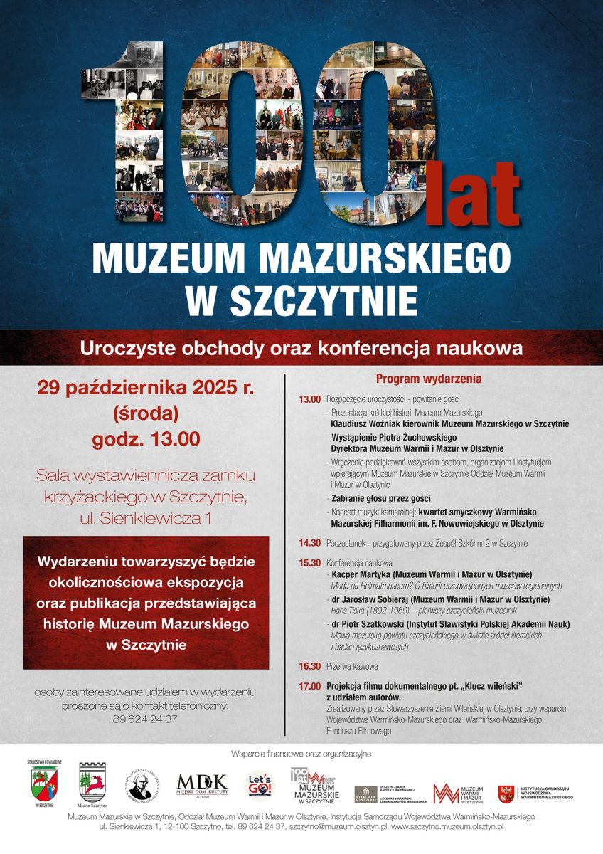 Plakat zapraszający w środę 29 października 2025 r. do Szczytna na Jubileusz 100-lecia Muzeum Mazurskiego w Szczytnie 2025.