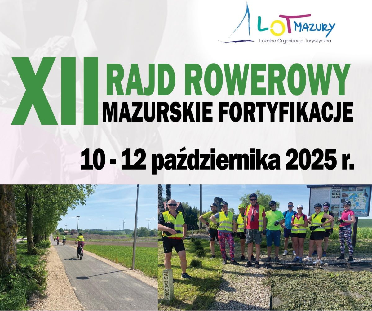 Plakat zapraszający w dniach 10-12 października 2025 r. do Wilkas Rajd Rowerowy „Mazurskie Fortyfikacje” Wilkasy 2025. 