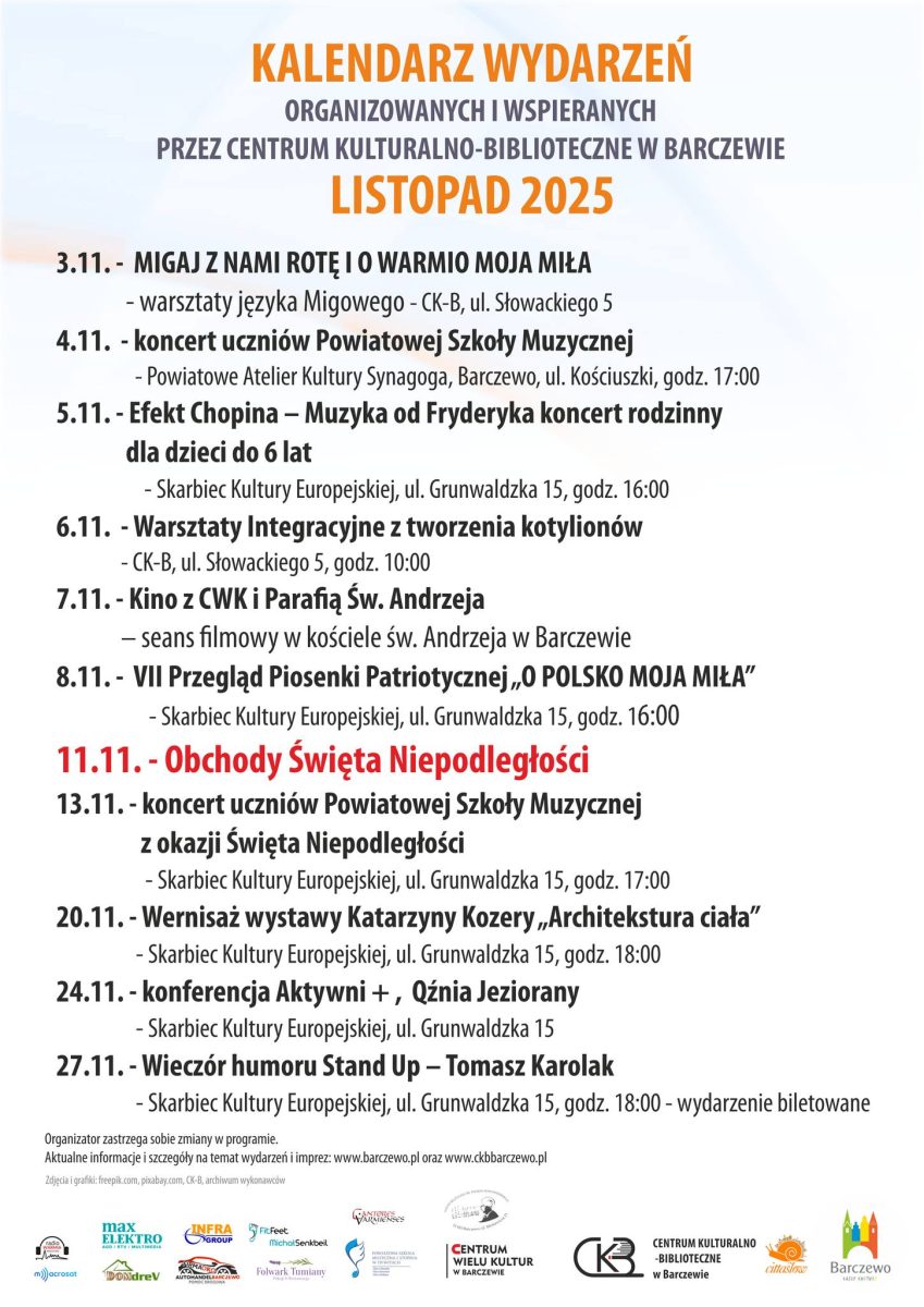 Barczewo kalendarz imprez w miesiącu listopadzie w Barczewie 2025.