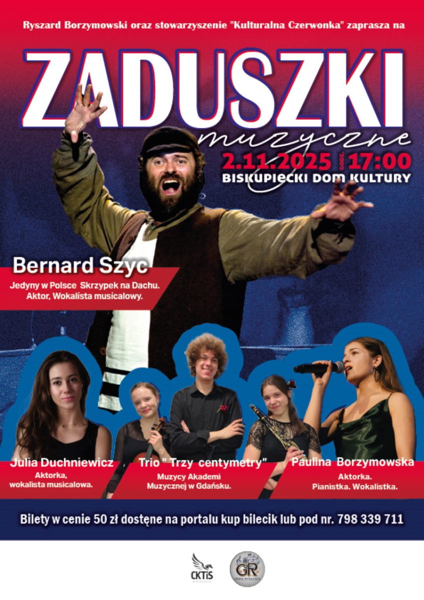 Plakat zapraszający w niedzielę 2 listopada 2025 r. do Biskupca na Zaduszki Muzyczne Biskupiec 2025. 