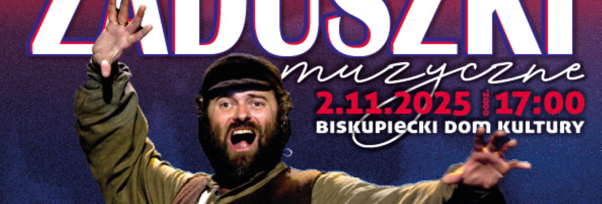 Plakat zapraszający w niedzielę 2 listopada 2025 r. do Biskupca na Zaduszki Muzyczne Biskupiec 2025.